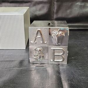 Vintage ABC Block Cube Coin Bank Baby Nursery Silver Plate  👶